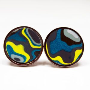 Colorful round abstract patterned earrings.