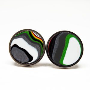 Colorful round earrings with abstract patterns.