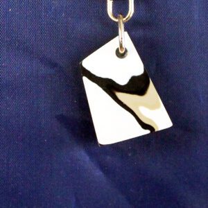Black and white keychain on blue background.