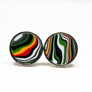 Colorful striped round earrings on white background.
