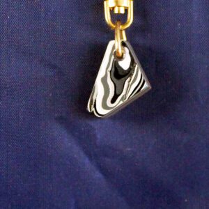 Gold zipper with triangular black pendant.