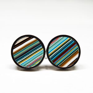 Colorful striped round earrings on white background.