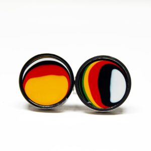 Colorful circular earrings with abstract patterns.