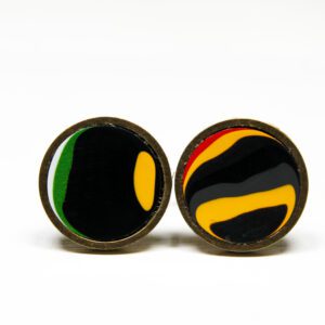 Colorful round earrings with abstract designs.