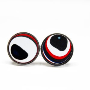 Colorful round earrings with abstract design.