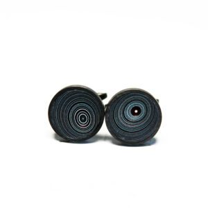 Black circular stud earrings on white background.