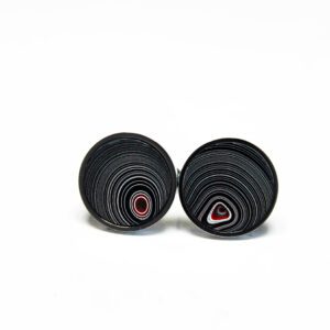 Black and red circular patterned earrings.