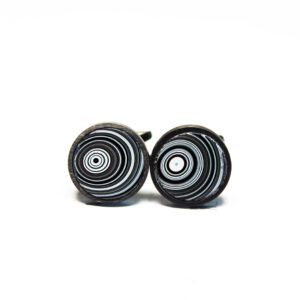 Black and white concentric circle earrings.