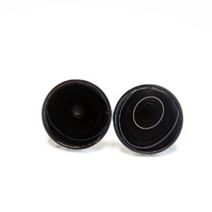 Two black speaker cones on white background.