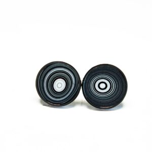 Black and white concentric circle earrings.