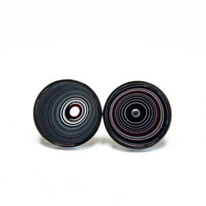 Two black circular objects with concentric patterns.