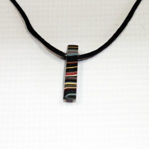 Striped pendant on black cord necklace.