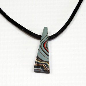 Abstract pendant necklace with colorful swirls.