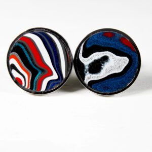 Round earrings with colorful abstract patterns.