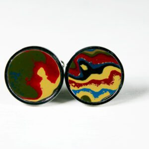 Colorful abstract pattern round earrings.