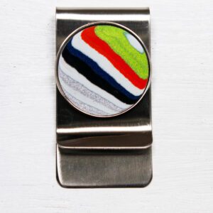 Colorful abstract design on silver money clip.