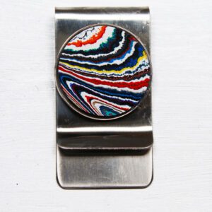 Colorful abstract design on metal money clip.