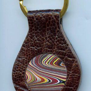 Leather keychain with colorful swirl design.