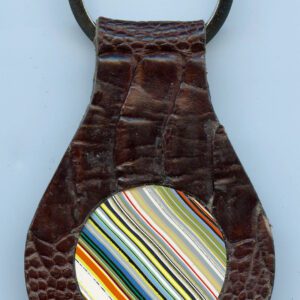 Brown leather keychain with colorful stripes.