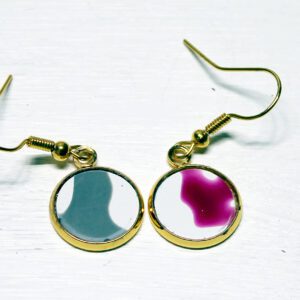 Gold hook earrings with blue and pink discs